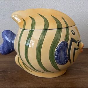 Vintage Hand-Painted Yellow Decorative Ceramic Fish Cookie Jar.